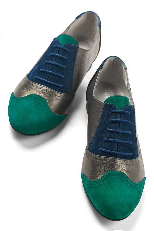 Emerald green, taupe brown and navy blue women's fashion lace-up shoes.. Top view - Florence KOOIJMAN